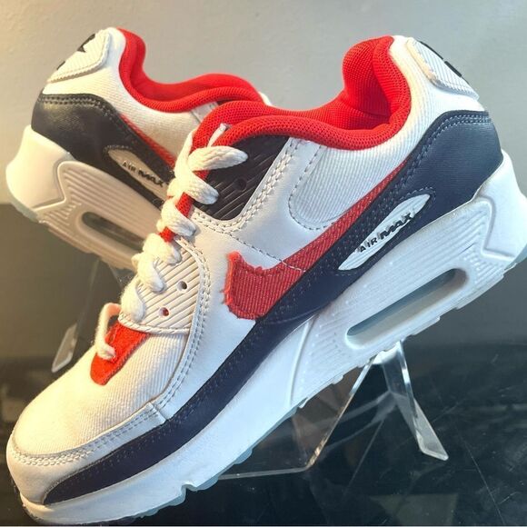 Nike Air Max 90 GS Denim Youth Low Sneaker Shoe DJ5177-100 White/Red/Blue 5Y - Picture 3 of 13